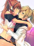  2girls alternate_hairstyle bare_shoulders blonde_hair blue_eyes brown_eyes brown_hair casual caught closed_mouth crop_top d.va_(overwatch) from_side headphones hug labcoat long_hair long_sleeves looking_at_another looking_at_viewer mercy_(overwatch) mikan-uji multiple_girls overwatch panties partially_undressed ponytail profile shirt short_hair short_sleeves sitting sitting_on_lap sitting_on_person sweatdrop turtleneck underwear upper_body whisker_markings white_background yuri 