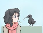  1girl bird black_eyes black_hair crow drawfag food looking_at_another messy_hair monster_girl original pocky scarf straw_(stalk) sweater 