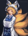  1girl blonde_hair blue_background breasts dress fox_tail frilled_hat frills gengoroumaru_(ambidextrous) hat highres light long_sleeves looking_at_viewer medium_breasts multiple_tails pillow_hat short_eyebrows short_hair simple_background sleeves_together smirk solo tabard tail touhou tsurime twitter_username white_dress wide_sleeves yakumo_ran yellow_eyes 