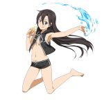  1boy :q androgynous barefoot black_eyes black_hair eyebrows_visible_through_hair floating_hair full_body groin highres holding kirito_(sao-ggo) kneeling long_hair looking_at_viewer navel outstretched_arm simple_background smile solo swimwear sword_art_online tongue tongue_out trap very_long_hair water white_background 