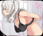  1girl arms_behind_back black_bra black_panties bra breasts changing_room cleavage closed_mouth hanging_breasts isshiki_(ffmania7) kantai_collection kashima_(kantai_collection) large_breasts leaning_forward looking_to_the_side panties silver_hair sketch solo twintails twitter_username underwear underwear_only upper_body 