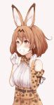  1girl animal_ears bare_shoulders blush bow bowtie cat_ears commentary_request elbow_gloves eyebrows_visible_through_hair gloves grin hands_up high-waist_skirt itituki kemono_friends light_brown_eyes light_brown_hair looking_to_the_side serval_(kemono_friends) serval_ears serval_print shirt short_hair simple_background skirt sleeveless smile solo teeth upper_body 