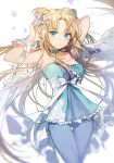  1girl arms_up artist_name bangs blonde_hair blue_eyes choker double_bun feathered_wings flower hair_flower hair_ornament hand_in_hair lace long_hair looking_at_viewer original ribbon smile solo strapless sukja thigh_gap waist_cape white_ribbon white_wings wings wrist_cuffs 