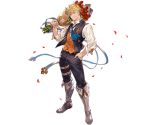  1boy alpha_transparency blonde_hair boots bouquet cravat flower full_body granblue_fantasy hand_in_pocket jewelry male_focus minaba_hideo official_art petals ring rose rose_petals short_hair smile solo standing the_dragon_knights transparent_background vane_(granblue_fantasy) vest waistcoat 