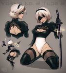  1girl ass blindfold character_name iahfy kneeling leotard magic mole mole_under_mouth multiple_views nier_(series) nier_automata silver_hair solo sword weapon yorha_no._2_type_b 