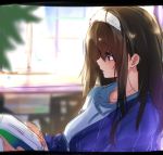  1girl backlighting bangs blue_eyes blurry book brown_hair closed_mouth depth_of_field from_side hair_between_eyes hairband holding holding_book idolmaster idolmaster_cinderella_girls indoors isshiki_(ffmania7) long_hair open_book reading sagisawa_fumika sketch solo upper_body window 