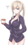  ?? blonde_hair blue_eyes breasts cleavage coffee coffee_mug collarbone disco_brando graf_zeppelin_(kantai_collection) hand_in_pocket highres kantai_collection large_breasts medium_hair steam sweater 