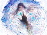  1girl blue_flower brown_hair character_request crying crying_with_eyes_open deemo flower forget_me_not long_hair looking_at_viewer outstretched_hand petals petals_on_water reflection ripples sishenfan solo tears 