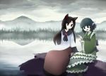  2girls :d animal_ears blue_eyes blue_hair brooch brown_hair dress drill_hair imaizumi_kagerou japanese_clothes jewelry kimono lake long_dress mermaid misty_lake monster_girl multiple_girls muted_color open_mouth red_eyes sitting smile street_dog touhou wakasagihime wolf_ears 