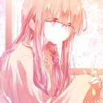  1girl brown_hair cherry_blossoms eyebrows_visible_through_hair fingernails glasses hair_ornament hair_scrunchie long_fingernails long_hair original over-rim_glasses red_eyes scrunchie semi-rimless_glasses shirotsugu sleeves_past_wrists sweater upper_body window 