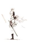  1girl angel_wings arms_behind_back belt boots character_request detached_sleeves dress eien_no_aselia highres hitomaru long_hair looking_back monochrome official_art sheath sheathed solo sword weapon wings 