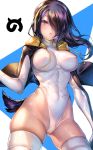  1girl black_hair black_jacket boots brown_eyes covered_navel cowboy_shot emperor_penguin_(kemono_friends) hair_over_one_eye headphones highleg highleg_leotard jacket japari_symbol kemono_friends kinm leotard long_hair looking_at_viewer multicolored_hair open_clothes open_jacket solo standing tail thigh-highs white_legwear white_leotard 