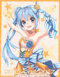 1girl 39 2017 armpits arms_up blue_eyes blue_hair blush dress hatsune_miku highres long_hair no_hands open_mouth side_ponytail solo star strapless strapless_dress very_long_hair vocaloid yuzuaji 