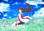  absurdres barefoot demon field flower flower_field hair_down highres inuyasha inuyasha_(character) japanese_clothes kagura_(inuyasha) kimono lipstick long_hair makeup petals pointy_ears red_eyes sitting wind 