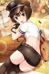  1girl absurdres alternative_girls artist_request ass black_legwear brown_eyes brown_hair deer fingerless_gloves gloves hat highres leaf lens_flare_abuse looking_back midriff official_art open_mouth police_hat solo thigh-highs 