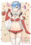  1girl 2016 5ya alternate_costume blue_eyes blue_hair box breasts candy candy_cane carrying christmas cleavage commentary_request detached_collar elbow_gloves food gift gift_box gloves hair_over_one_eye highres holding looking_at_viewer maid_headdress merry_christmas midriff navel re:zero_kara_hajimeru_isekai_seikatsu rem_(re:zero) sack short_hair smile solo standing thigh-highs white_legwear 