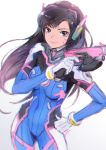  1girl animal_print bangs blue_bodysuit bodysuit bracer breasts breasts_apart brown_eyes brown_hair bunny_print charm_(object) chkuyomi closed_mouth cowboy_shot d.va_(overwatch) facepaint facial_mark gloves gun hand_on_hip hand_up handgun headphones high_collar holding holding_gun holding_weapon legs_apart long_sleeves medium_breasts overwatch pauldrons pilot_suit pink_lips ribbed_bodysuit shoulder_pads simple_background sketch skin_tight smile solo swept_bangs thigh_strap weapon whisker_markings white_background white_gloves 