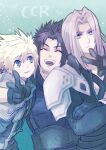  3boys aqua_background arm_around_neck armor bangs belt black_gloves black_hair black_jacket blonde_hair blue_eyes blue_shirt chest_strap closed_eyes cloud_strife crisis_core_final_fantasy_vii crossed_arms final_fantasy final_fantasy_vii frown gloves grey_hair jacket light_smile long_bangs long_sleeves looking_at_another looking_at_viewer male_focus multiple_boys open_mouth parted_bangs ringomell_ura sephiroth shirt short_hair shoulder_armor smile spiky_hair suspenders upper_body v zack_fair 