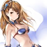  1girl armor bare_shoulders beatrix_(granblue_fantasy) bikini bikini_armor bikini_top blue_gloves blush breasts brown_eyes brown_hair cleavage closed_mouth detached_collar elbow_gloves frilled_bikini frills gloves granblue_fantasy hairband long_hair medium_breasts nannacy7 navel solo stomach swimsuit upper_body 