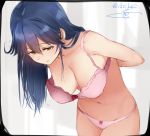  1girl bare_arms bare_shoulders blue_hair blush bow bow_bra bow_panties bra breasts brown_eyes cleavage collarbone cowboy_shot hair_between_eyes hanging_breasts isshiki_(ffmania7) kantai_collection large_breasts long_hair looking_down navel panties pink_bow pink_bra red_bow solo standing stomach twitter_username underwear underwear_only undressing ushio_(kantai_collection) 