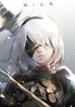  black_dress black_hairband blindfold cleavage_cutout covered_eyes dress hairband holding holding_sword holding_weapon juliet_sleeves kiyopee long_sleeves mole mole_under_mouth nier_(series) nier_automata pink_lips puffy_sleeves sword weapon weapon_on_back yorha_no._2_type_b 