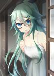  1girl alternate_costume bespectacled blue_eyes blurry breasts casual cleavage collarbone commentary_request depth_of_field dress elbow_gloves glasses gloves green_hair hair_ornament hair_ribbon hairclip kantai_collection long_hair looking_at_viewer nekobaka peeking_out ribbon sliding_doors solo spaghetti_strap white_dress wooden_floor yamakaze_(kantai_collection) 