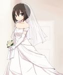  1girl bangs bare_shoulders bouquet bridal_veil bride brown_eyes brown_hair closed_mouth dress elbow_gloves flower formal full_body girls_und_panzer gloves gown holding kakizaki_(chou_neji) light_smile long_dress looking_at_viewer nishizumi_maho short_hair solo standing strapless strapless_dress veil wedding_dress white_dress white_gloves 