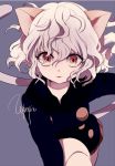  androgynous animal_ears cat_ears cat_tail character_name grey_background hunter_x_hunter long_sleeves maruino neferpitou orange_eyes short_hair silver_hair simple_background skirt solo tail wavy_hair 