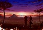  2girls animal_ears cat_ears cat_tail clouds dark field fisheye grass hand_holding hat kaban kemono_friends light_particles mountain multiple_girls scenery serval_(kemono_friends) silhouette sky sunset tail tree yaoyasan 