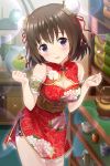  1girl alternative_girls artist_request breasts brown_eyes brown_hair bun_cover china_dress chinese_clothes cleavage corset double_bun dress highres lens_flare lens_flare_abuse official_art short_hair side_slit solo sparkle teapot violet_eyes 