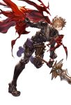  1boy alpha_transparency boots brown_eyes brown_hair cape cosplay full_body gideon_(lord_of_vermillion) gideon_(lord_of_vermillion)_(cosplay) gran_(granblue_fantasy) granblue_fantasy looking_at_viewer lord_of_vermilion lord_of_vermilion_iii male_focus minaba_hideo parted_lips red_cape running serious short_hair solo sword transparent_background weapon 