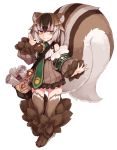  1girl :3 animal_ears bag bare_shoulders brown_dress brown_hair dress fluffy full_body fur gradient_hair green_eyes kenkou_cross looking_at_viewer monster_girl monster_girl_encyclopedia multicolored_hair outstretched_arm paws petite puffy_sleeves ratatoskr_(monster_girl_encyclopedia) scroll short_hair solo squirrel_ears squirrel_tail streaked_hair striped_tail tail white_hair 