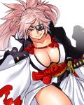  &gt;:) 1girl amputee baiken breasts cleavage collarbone cowboy_shot grin guilty_gear japanese_clothes katana kimono large_breasts long_hair long_sleeves looking_at_viewer obi one-eyed onsoku_maru pink_hair ponytail red_eyes sash scar scar_across_eye sheath sheathed smile solo sword weapon wide_sleeves 