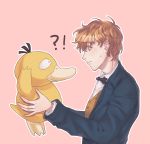  1boy bow bowtie brown_hair coat crossover fantastic_beasts_and_where_to_find_them freckles green_eyes highres male_focus newt_scamander pink_background pokemon pokemon_(creature) psyduck simple_background solo upper_body usan93 