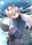  1girl :o animal_ears arm_at_side bangs black_bow black_bowtie black_legwear black_shoes black_skirt blue_gloves blue_jacket bow bowtie breasts cowboy_shot dress_shirt eyebrows_visible_through_hair fox_ears fox_tail full_moon fur-trimmed_sleeves fur_trim gloves grass high_heels highres inu3 jacket kemono_friends leg_up legs_together long_hair long_sleeves looking_at_viewer medium_breasts miniskirt moon mountain night night_sky one_leg_raised outdoors pantyhose pleated_skirt rock shirt shoes sidelocks silver_fox_(kemono_friends) silver_hair skirt sky snow solo standing standing_on_one_leg tail v_arms yellow_eyes 