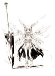  1girl angel_wings belt boots cropped_jacket dress eien_no_aselia euphoria_(seinarukana) gloves hair_ornament head_wings highres hitomaru jacket long_hair monochrome official_art open_mouth outstretched_arms pauldrons polearm smile solo spear sword waist_cape weapon wings 