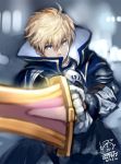  1boy ahoge armor artist_name blonde_hair blue_eyes blurry breastplate dated depth_of_field fate/prototype fate_(series) gauntlets heart hibanar holding holding_sword holding_weapon looking_at_viewer male_focus saber_(fate/prototype) signature solo sword weapon 