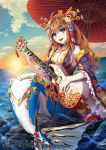  1girl blue_eyes breasts brown_hair cleavage company_name copyright_name flower guitar hair_flower hair_ornament hair_stick instrument jewelry mermaid monster_girl necklace official_art open_mouth oriental_umbrella rock sitting sky solo teeth umbrella water z/x zeroshiki_kouichi 