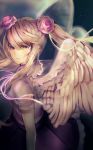  1girl angel_wings arms_at_sides brown_eyes ei_(winnie5111) flower hair_flower hair_ornament highres kamomebata_noriko kuzu_no_honkai light_brown_hair long_hair looking_back parted_lips solo standing twintails white_wings wings 