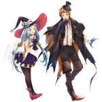  1boy 1girl asymmetrical_legwear blue_eyes blue_gloves blue_hair boots braid brown_boots brown_eyes brown_hair choker clenched_hands fingernails full_body gloves gran_(granblue_fantasy) granblue_fantasy halloween_costume hat long_hair looking_at_viewer lyria_(granblue_fantasy) mini_hat mini_top_hat sharp_fingernails simple_background smile top_hat torn_clothes twin_braids uoyaao very_long_hair white_background witch_hat 