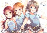  3girls :d ahoge arm_up bangs blue_eyes bow braid clothes_writing commentary_request confetti droplet grey_hair hair_bow hair_ornament hairclip hand_holding heart long_hair love_live! love_live!_sunshine!! miniskirt multiple_girls niwasane_(saneatsu03) open_mouth orange_hair pin pleated_skirt red_eyes redhead sakurauchi_riko shirt short_hair short_sleeves side_braid skirt smile t-shirt takami_chika twitter_username watanabe_you yellow_bow yellow_eyes 