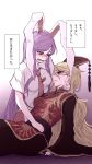  2girls animal_ears blonde_hair blush carrot chinese_clothes commentary_request cradling_head crying crying_with_eyes_open hat highres junko_(touhou) long_hair miata_(miata8674) multiple_girls necktie pale_skin purple_hair rabbit_ears red_eyes red_necktie reisen_udongein_inaba shirt short_sleeves tabard tears tie_clip touhou translation_request very_long_hair white_shirt wide_sleeves 