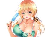  1girl :d bangs black_ribbon blonde_hair breasts cleavage collarbone eyebrows_visible_through_hair food green_eyes green_swimsuit hair_ribbon hand_on_own_chest hands_up holding holding_food ice_cream large_breasts looking_at_viewer low_twintails open_mouth original papa_nene ribbon simple_background smile solo sweat sweating swimsuit teeth twintails upper_body wet white_background 