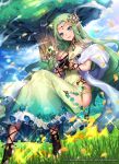  1girl barefoot_sandals blue_eyes circlet company_name covered_navel flower grass green_hair gyakushuu_no_fantasica hair_ornament jewelry katagiri_hachigou necklace official_art open_mouth petals pointy_ears sky solo sparkle tree 