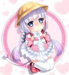  1girl :&lt; backpack bag blue_eyes canary_lly capelet dragon_girl dragon_tail hair_bobbles hair_ornament hat highres kanna_kamui kobayashi-san_chi_no_maidragon lavender_hair looking_at_viewer low_twintails mary_janes randoseru school_hat shoes slit_pupils solo tail thigh-highs twintails white_legwear zettai_ryouiki 