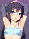  1girl arm_warmers armpits arms_up asashio_(kantai_collection) ayagi_daifuku bare_shoulders black_hair blue_eyes blush bra breasts cinderella_bust collarbone frills kantai_collection long_hair looking_at_viewer open_mouth small_breasts solo sweat underwear underwear_only 
