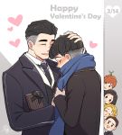  2girls 4boys artist_name black_hair blonde_hair blush bow bowtruckle chibi closed_eyes credence_barebone crying dated facial_hair fantastic_beasts_and_where_to_find_them gift green_eyes happy_valentine heart jacob_kowalski male_focus multiple_boys multiple_girls mustache newt_scamander nightcat open_mouth percival_graves porpentina_goldstein queenie_goldstein scarf yaoi 