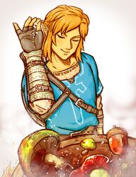  1boy acorn arm_at_side arm_guards belt belt_buckle blonde_hair brown_gloves buckle cooking fingerless_gloves food gloves leather leather_belt link meat meme mushroom parted_lips pointy_ears salt salt_bae_(meme) shoulder_belt smile steam the_legend_of_zelda the_legend_of_zelda:_breath_of_the_wild tunic upper_body 