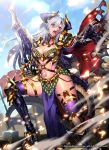  1girl armor armored_boots boots breastplate breasts cape cleavage company_name dragon_girl gyakushuu_no_fantasica horns katagiri_hachigou long_hair monster_girl navel official_art open_mouth pointy_ears red_eyes sky solo sword tail teeth weapon white_hair 