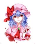  1girl absurdres ambiguous_red_liquid ascot blood blood_stain blue_hair bow brooch cup drinking_glass frilled_shirt_collar frills hair_between_eyes hat hat_bow hat_ribbon highres jewelry looking_at_viewer mob_cap open_mouth pink_hat pink_shirt puffy_short_sleeves puffy_sleeves red_ascot red_bow red_eyes red_ribbon remilia_scarlet ribbon sheya shirt short_sleeves smile solo touhou upper_body white_background wine_glass wrist_cuffs 